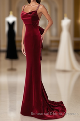 Wine Red Velvet Low Back Straps Long Party Dress, Wine Red Wedding Party Dress